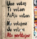 Photo of verb conjugation graffiti on a tan stucco wall in Prishtina, saying “I/You/He-She/We/You vote – They profit” in Albanian. 