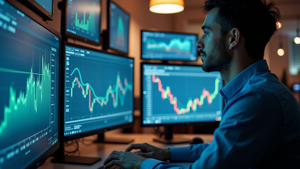 Eye-level view of a digital marketer analyzing data on multiple screens