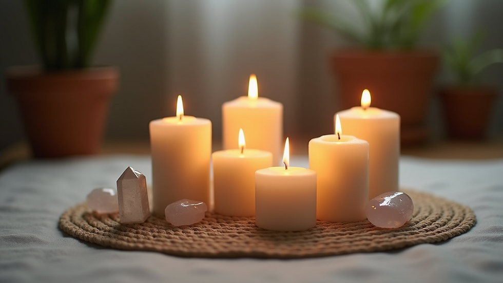 Eye-level view of a serene meditation space with candles and crystals