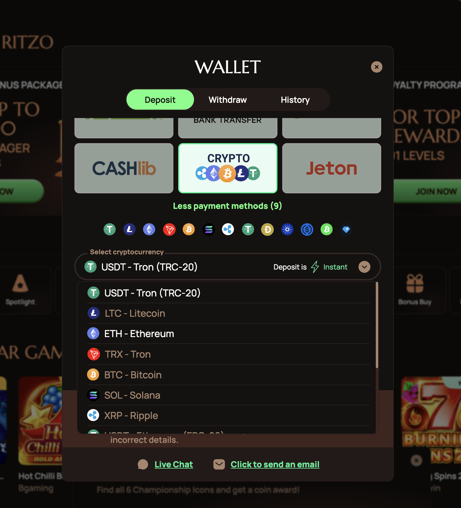 Ritzo krüptosissemaksete loendi ülemine osa: USDT TRC-20, LTC, ETH, TRX, BTC, SOL ja XRP