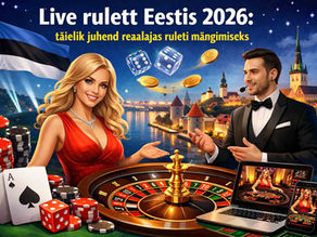 Illustratsioon live-rulettist: ruletiratas ja panustamise laud, live-diilerid, žetoonid ning mängimine sülearvuti ja telefoni kaudu Tallinna taustal.