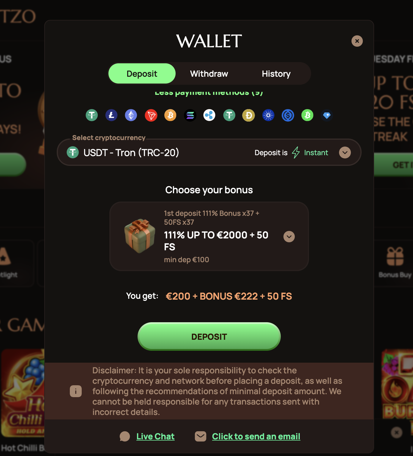 Ritzo esimese deposiidi 111% kuni 2000 euro ja 50 tasuta keerutuse boonus