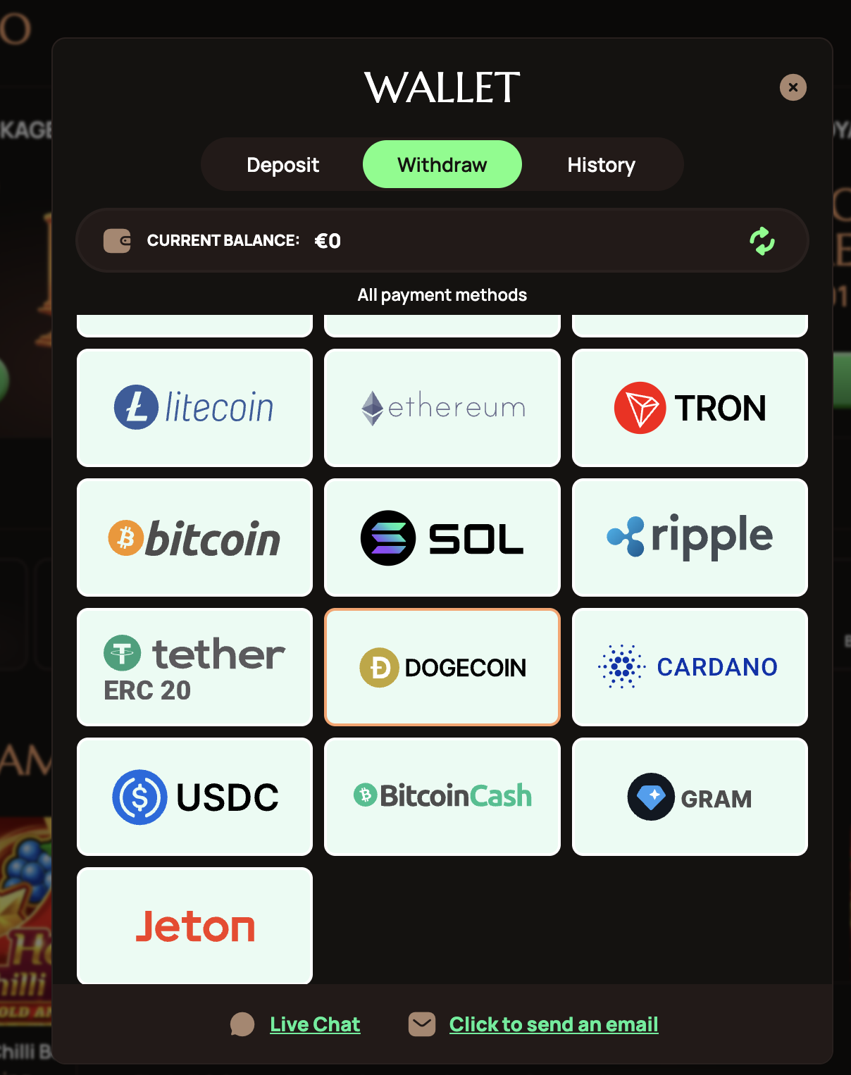 Ritzo väljamaksemeetodite loendi alumine osa: USDC, Bitcoin Cash, GRAM ja Jeton