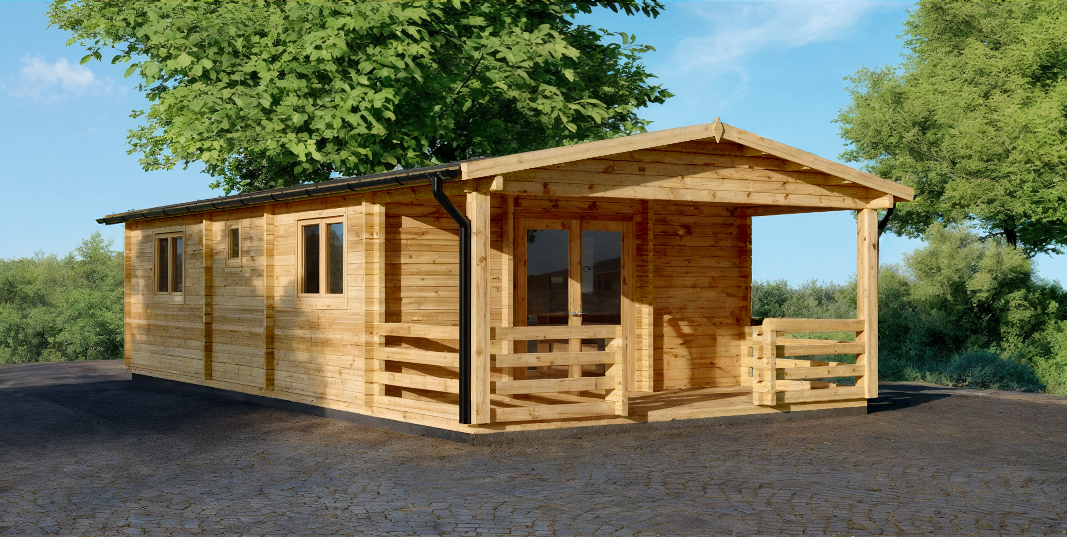 Casa prefabricada de madera modelo Cártama con porche de Casas de Madera Málaga