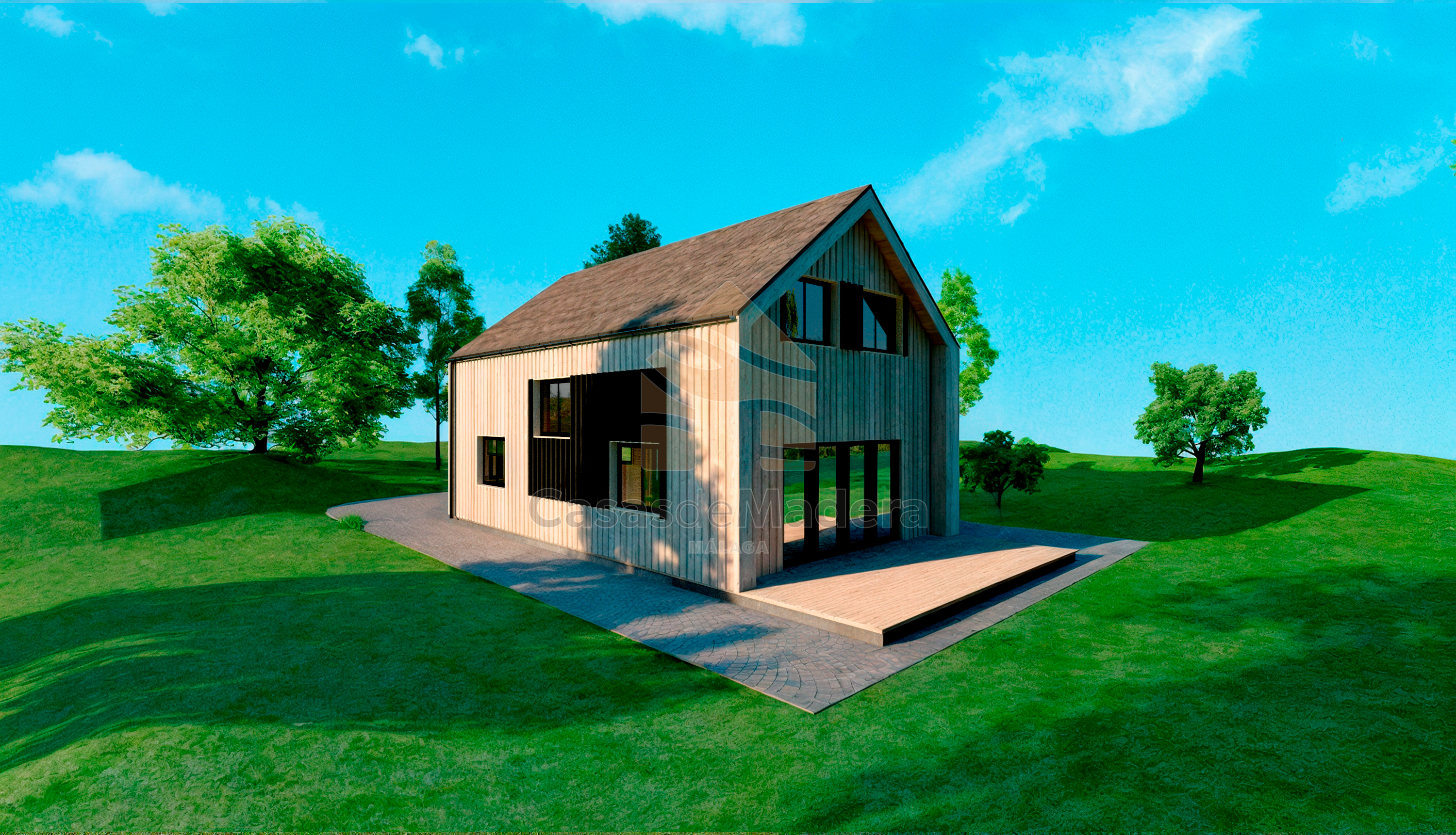 Render de la casa de madera Alcaucín, de dos plantas, con tejado a dos aguas y revestimiento de tabla vertical