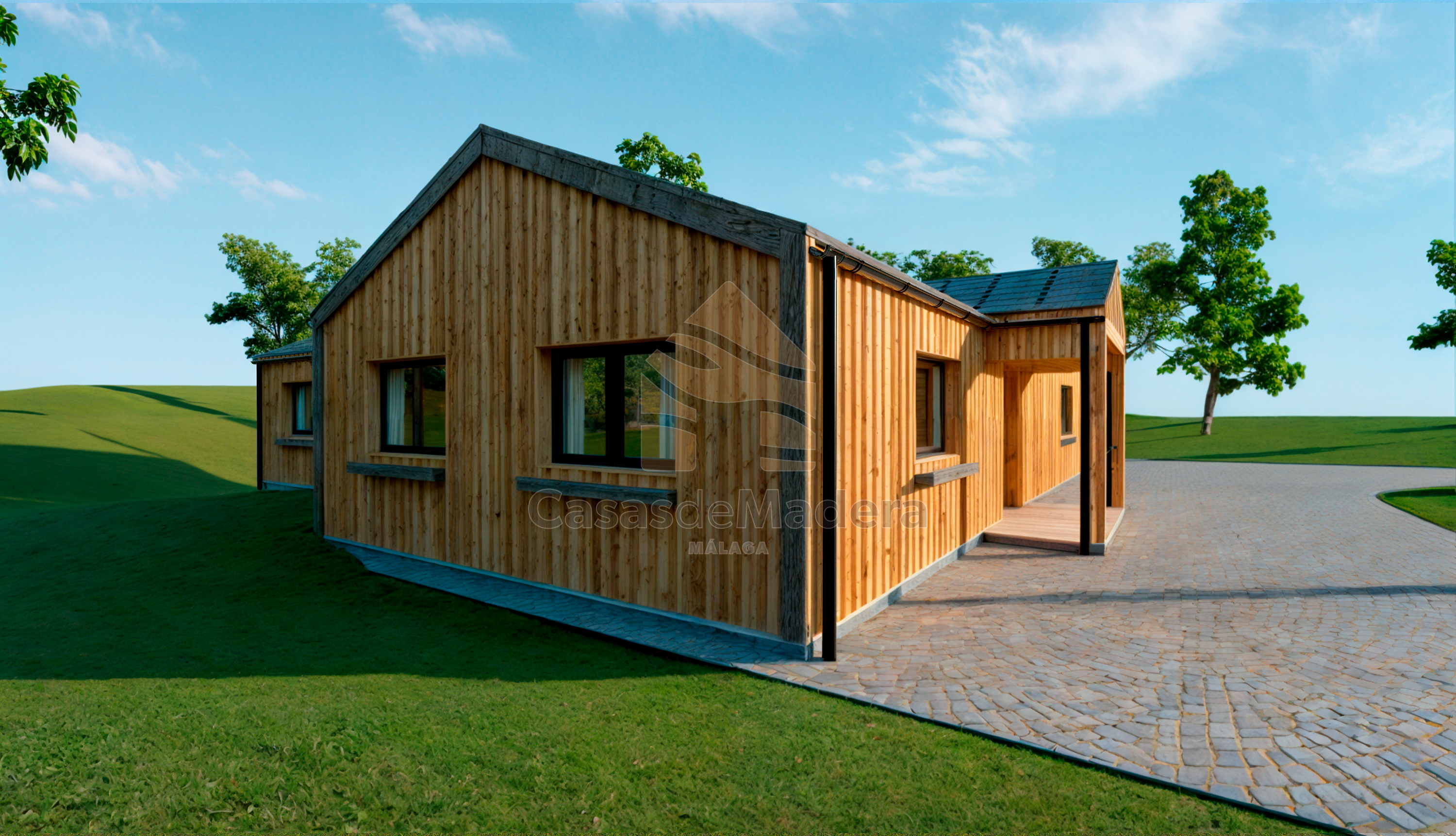 Recreación 3D de la casa de madera Capuchinos, de una planta con fachada de tablas verticales