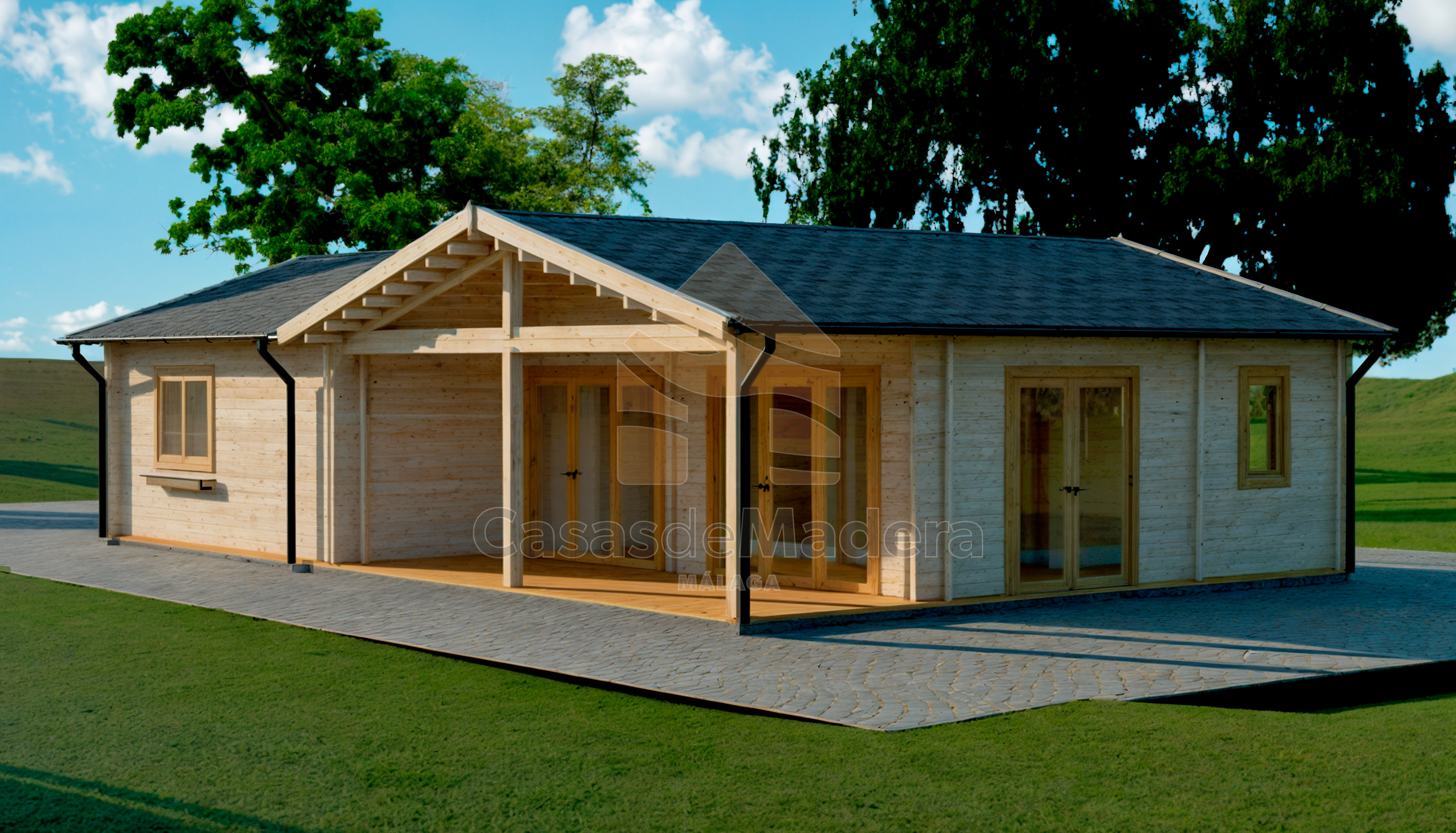 Render de la casa de madera Gibralfaro, en forma de L, con la terraza cubierta opcional ante las puertas acristaladas