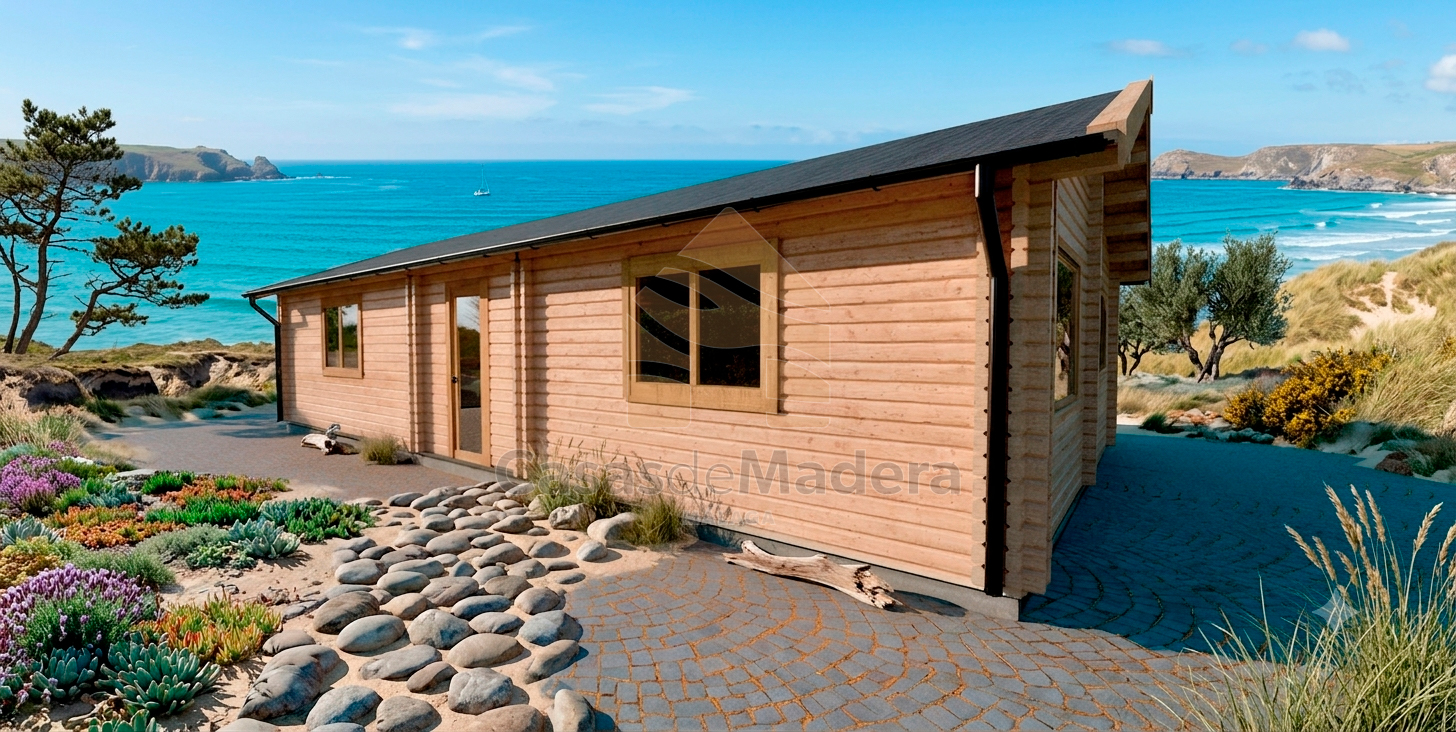 Render de la casa de madera Pedregalejo, de una planta alargada y tejado de tégola, junto a una playa