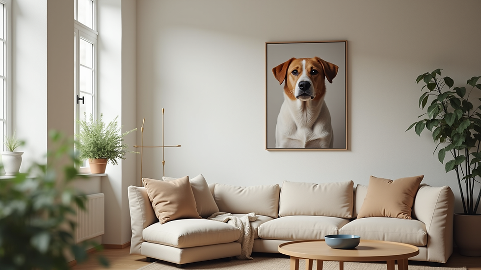 Eye-level view of a framed pet portrait hanging on a living room wall