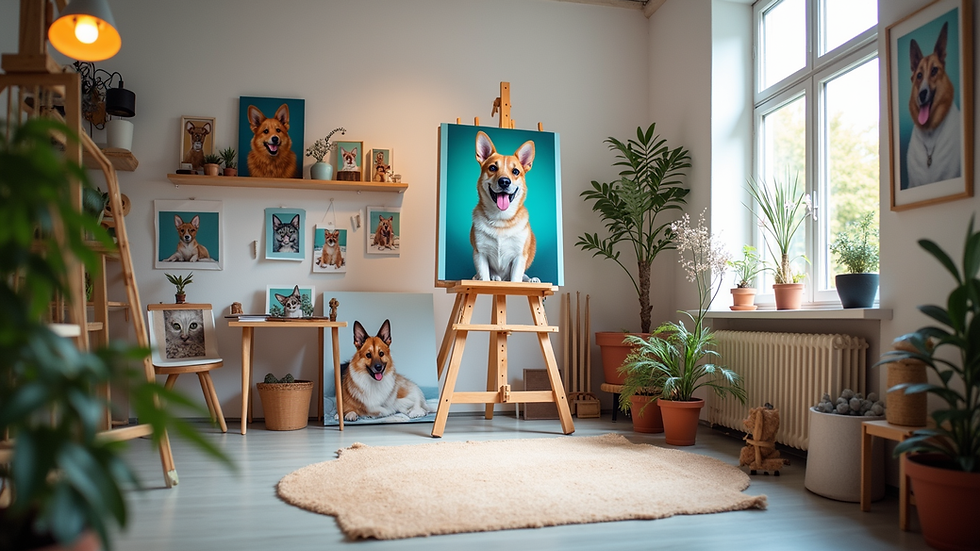 Eye-level view of a bright art studio with colourful pet portraits on the walls