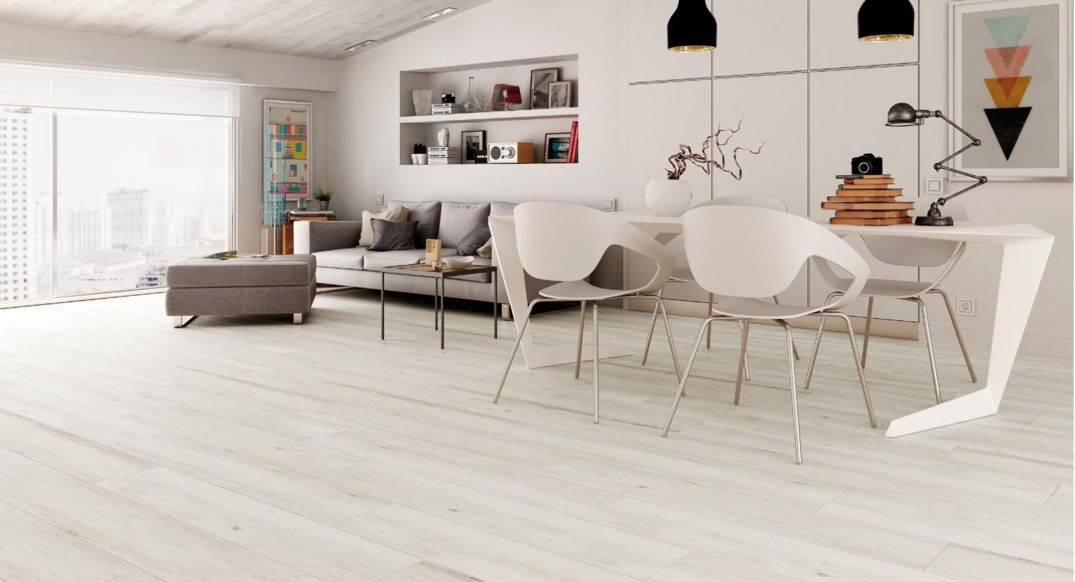 Carrelage effet parquet Atelier blanco 22.5x119.5cm rectifié en situation