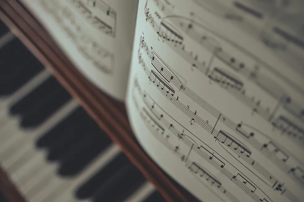 Photo of a book of sheet music opened on a piano