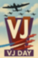 Planes fly over VJ Day poster; "VJ" in large letters. Red, white, blue smoke trails behind jets. Vintage style with WWII vibe.