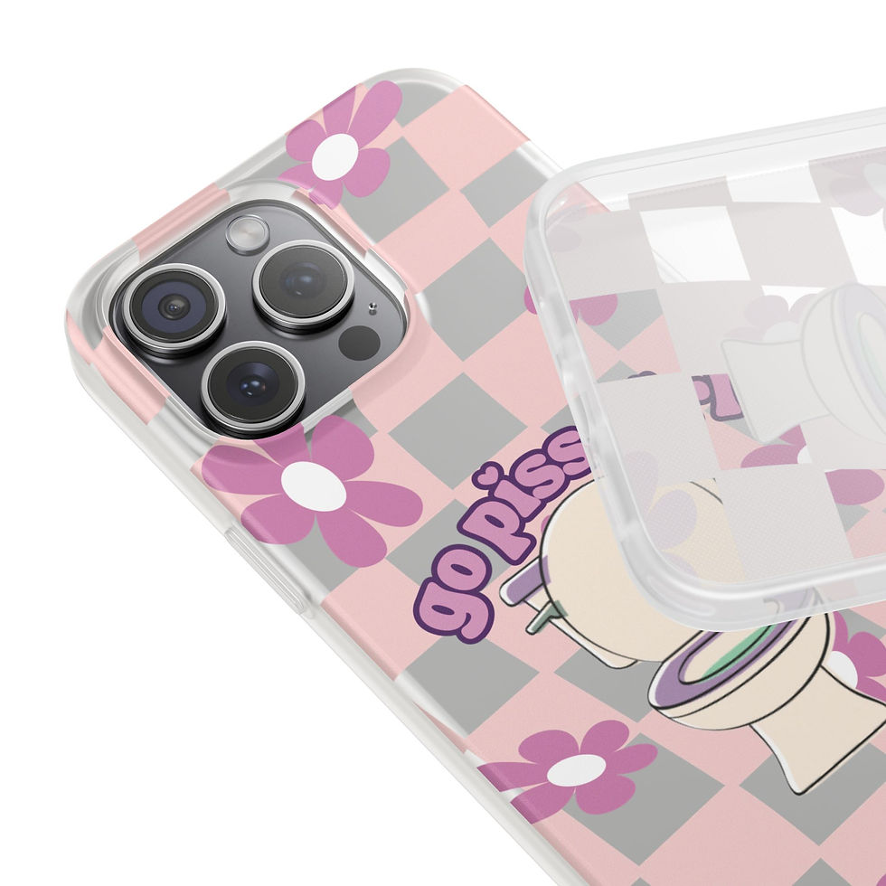 Go Piss Girl phone case with toilet and pink flowers with checkered background