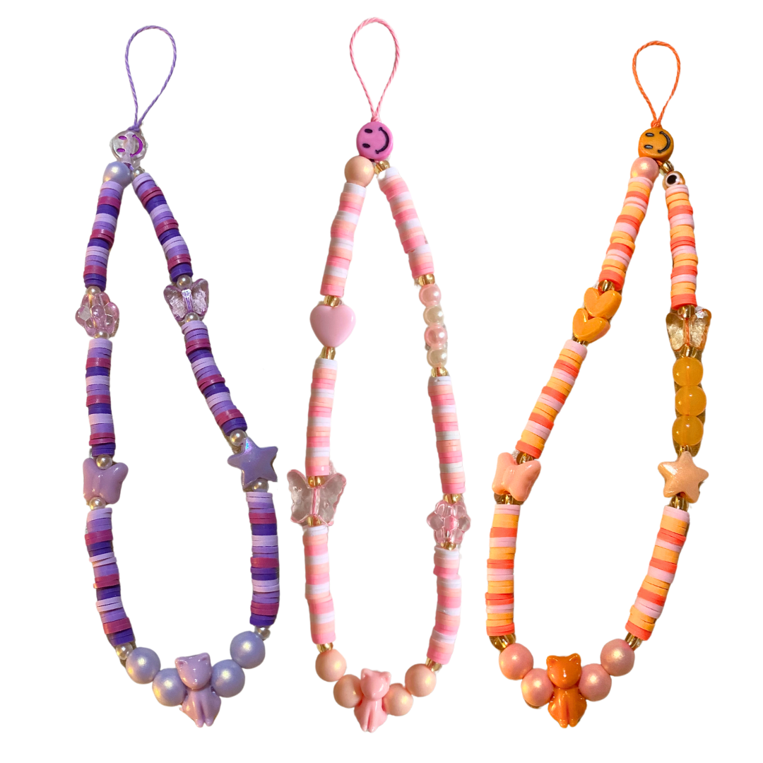 Three beaded phone straps in purple, pink, orange with cat charm