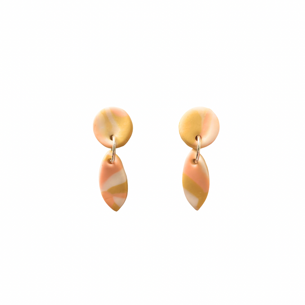 Thumbnail: peach, sand and khaki abstract print small teardrop clay earrings