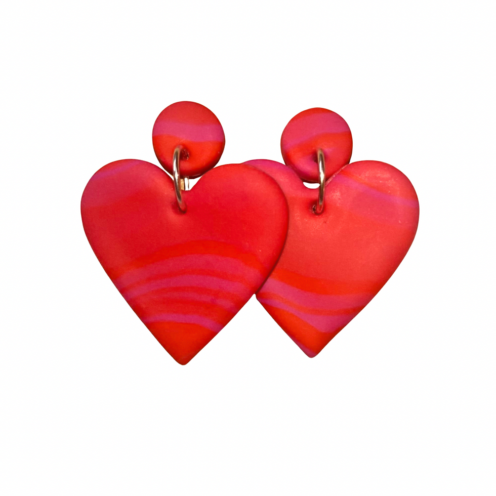 Thumbnail: circle studs with dangling red marble love heart shaped clay earrings with gold fastenings
