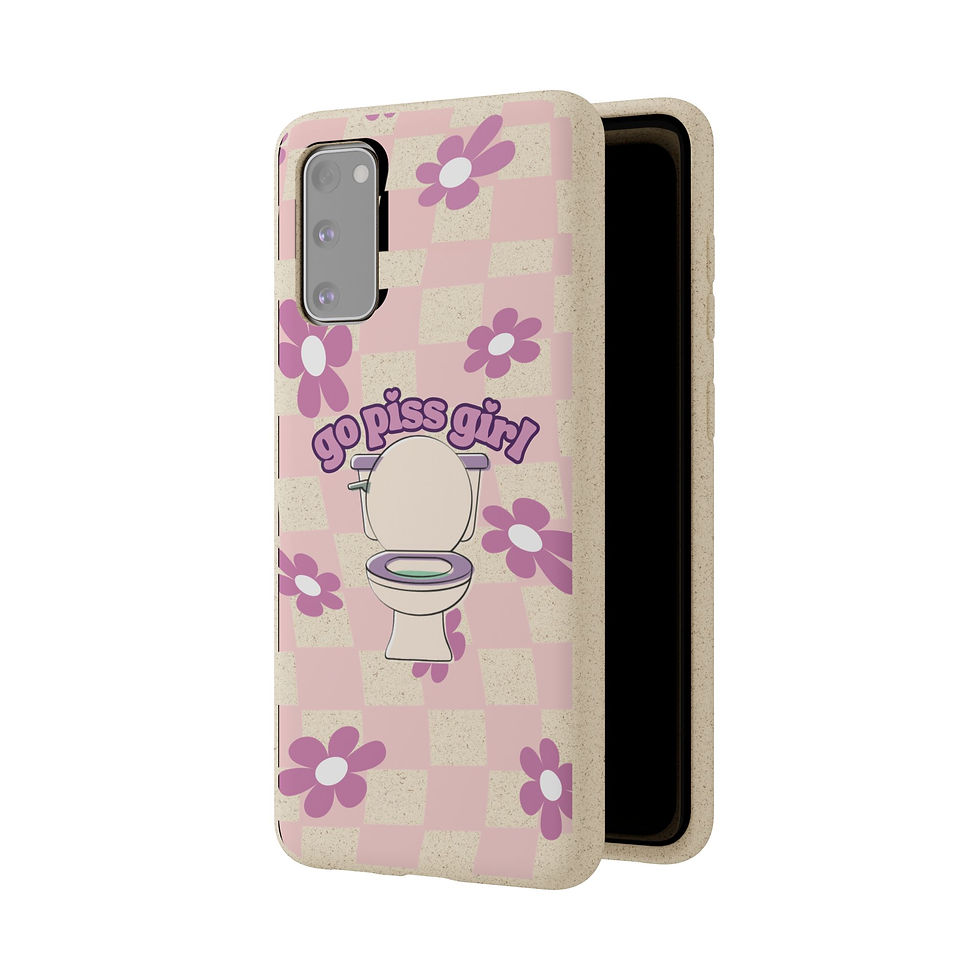 Thumbnail: Go Piss Girl phone case with pink flowers, toilet and checkered background