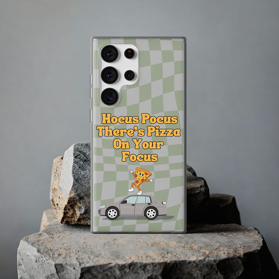 Thumbnail: Wavy green check patterned Phone case with text "Hocus Pocus There's Pizza On Your Focus"