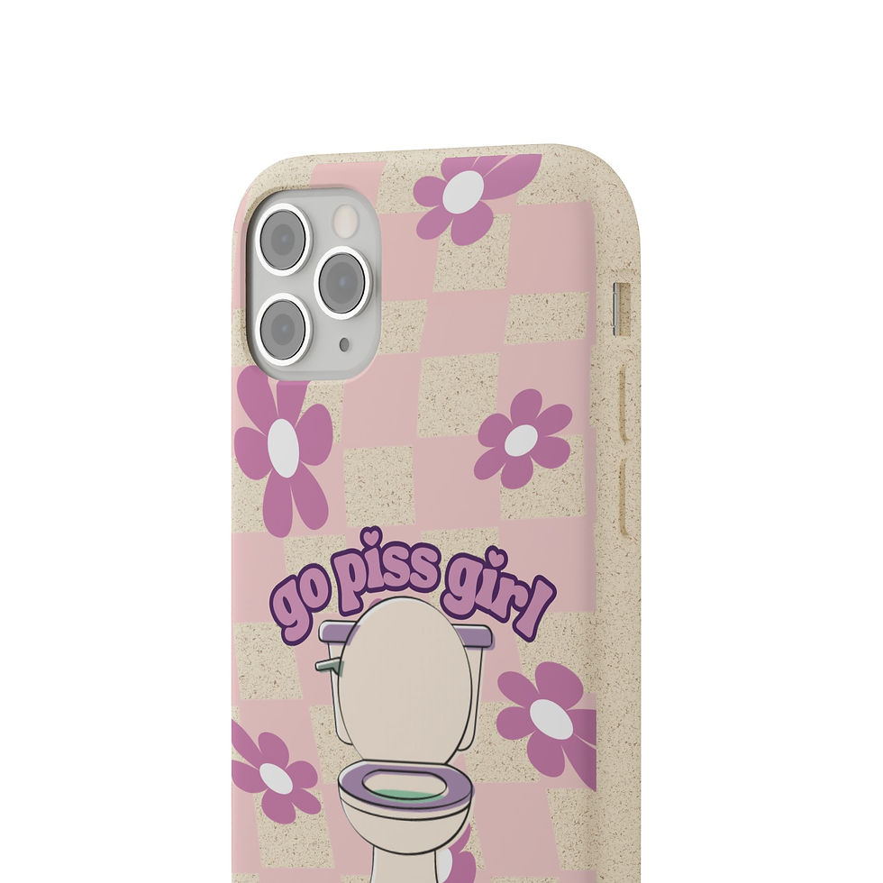 Thumbnail: Go Piss Girl phone case with pink flowers, toilet and checkered background