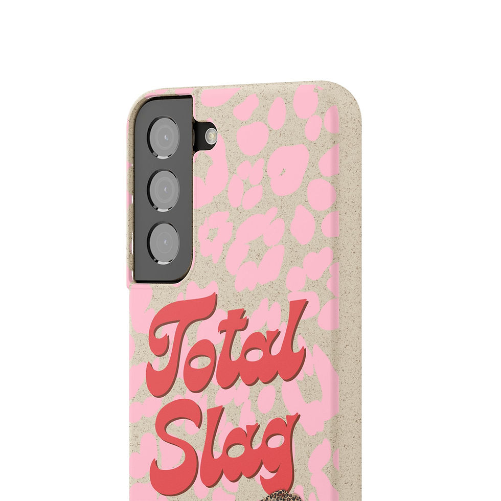 Thumbnail: Biodegradable pink leopard print phone case with "Total Slag" text and brown leopard print patterned lipstick kiss