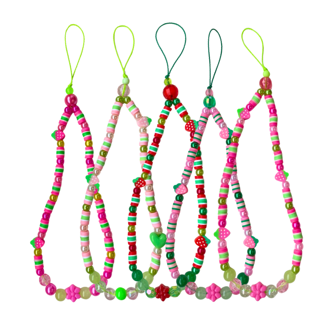 Five colourful beaded phone charms with strawberry beads