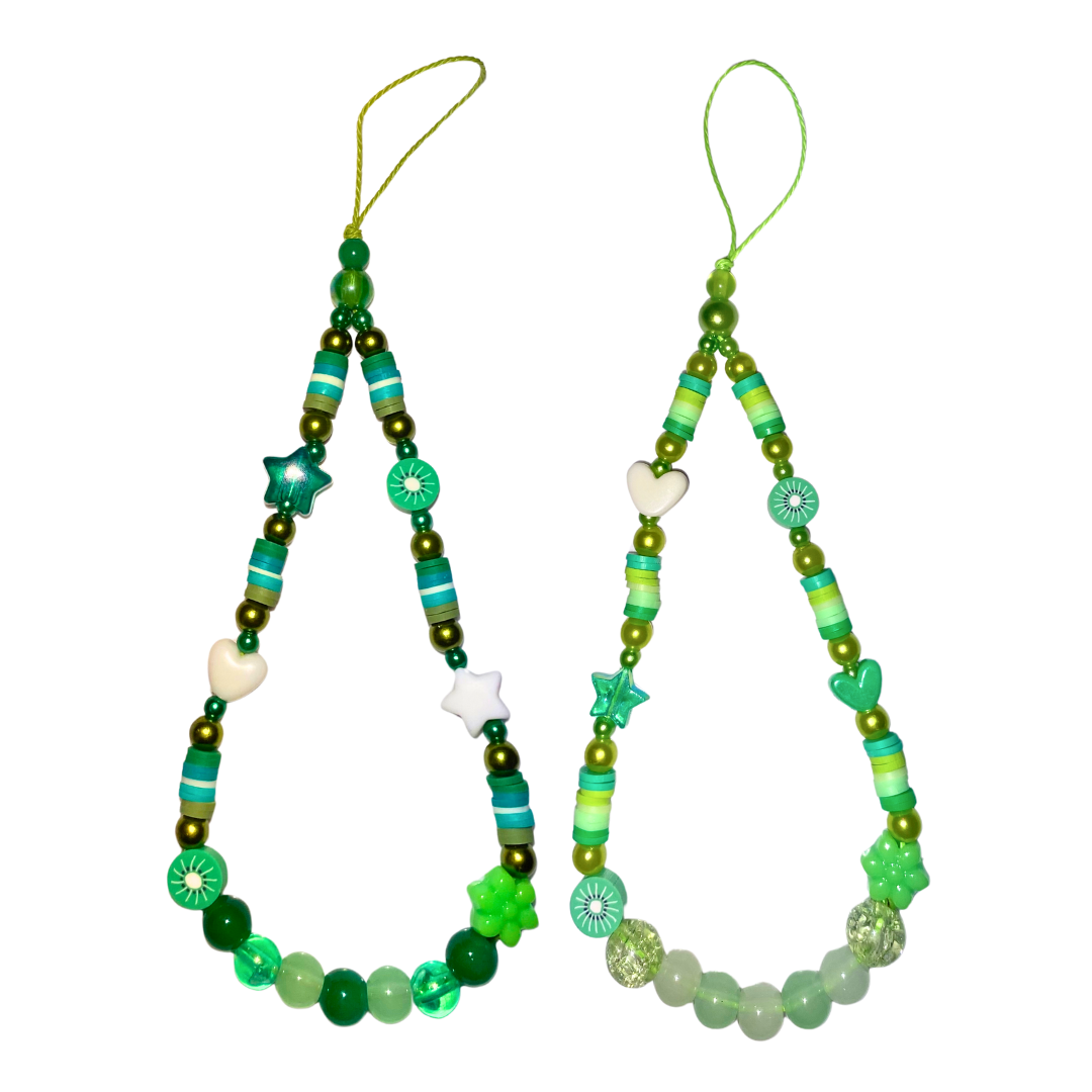 Two kiwi themed beaded phone charms on a white background. Left: Dark Green & Khaki, Right: Light Green & Bright Green.