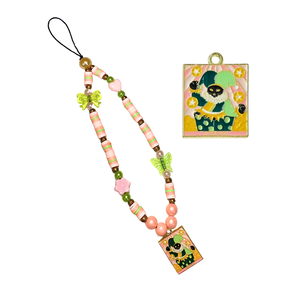 Thumbnail: beaded phone strap with black cat tarot card charm