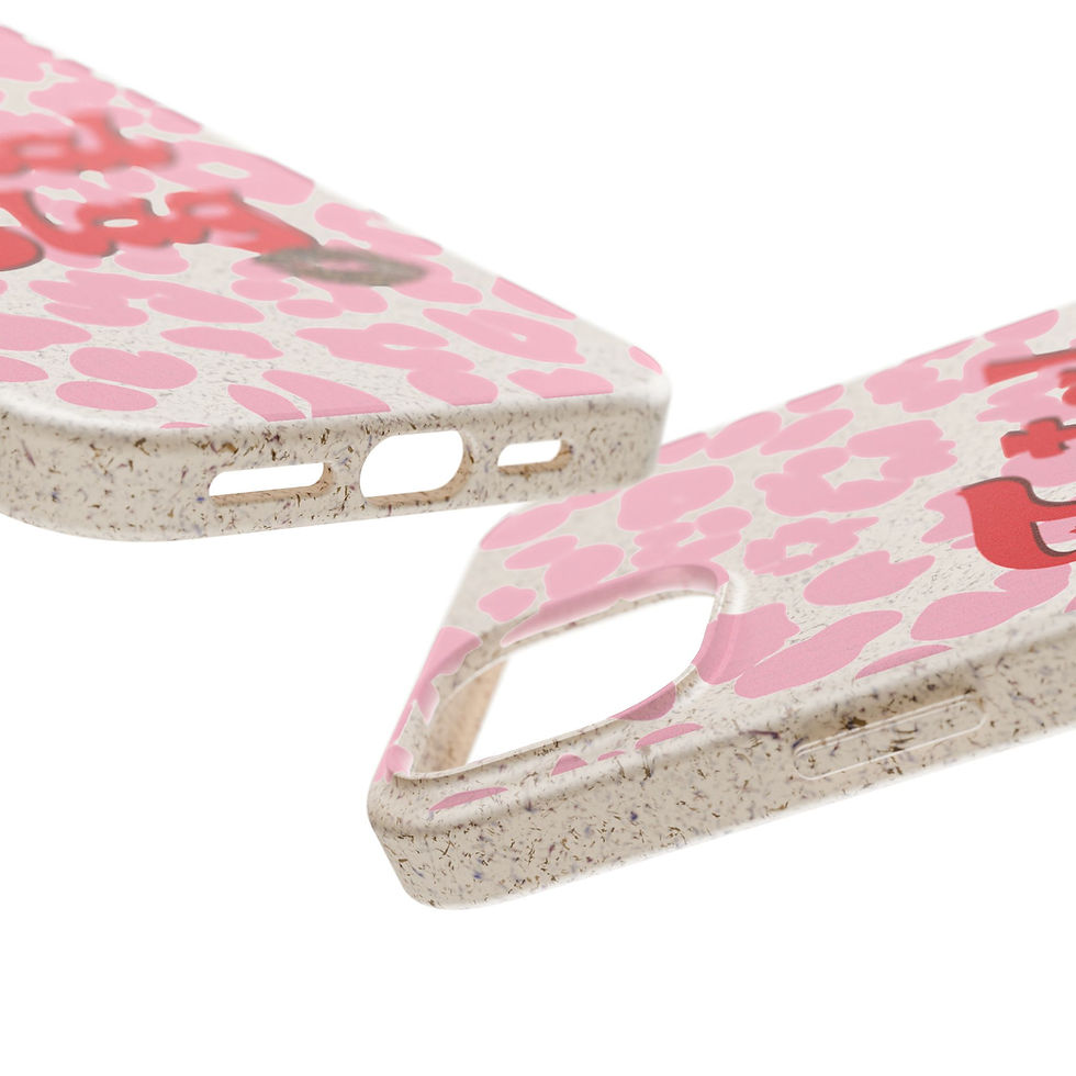 Thumbnail: Biodegradable pink leopard print phone case with "Total Slag" text and brown leopard print patterned lipstick kiss