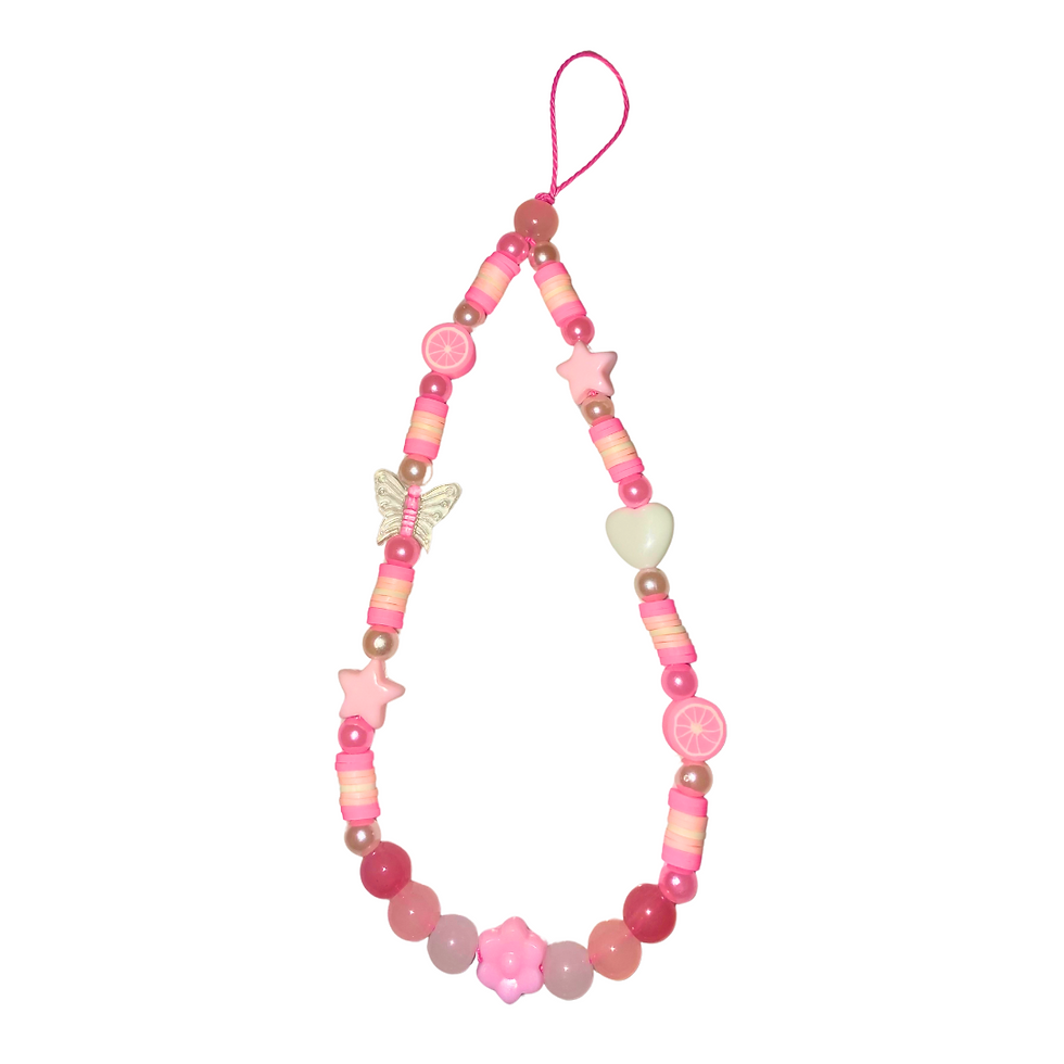 Thumbnail: Hot pink stringed pink grapefruit themed beaded phone charm on white background. It has pink and pastel pink pearl beads and pink and pastel pink glass beads with pink and white butterfly, star, love heart and pink grapefruit beads.