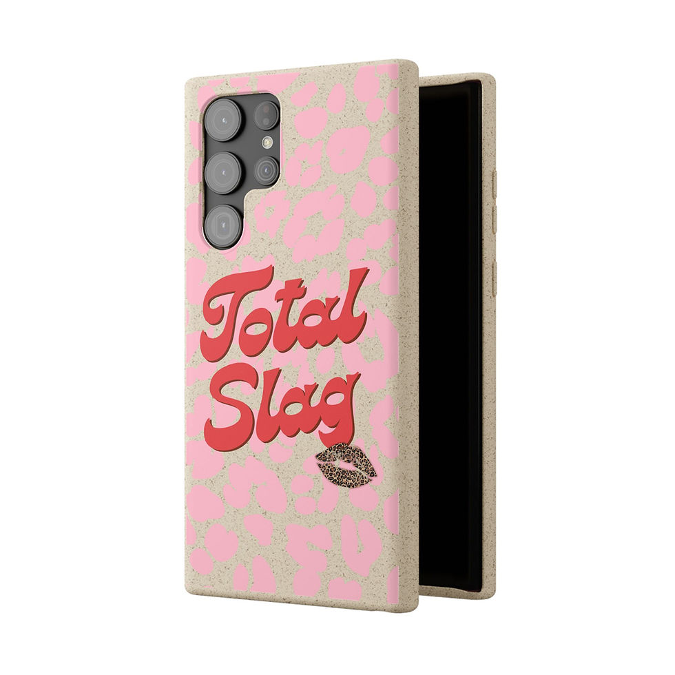Thumbnail: Biodegradable pink leopard print phone case with "Total Slag" text and brown leopard print patterned lipstick kiss