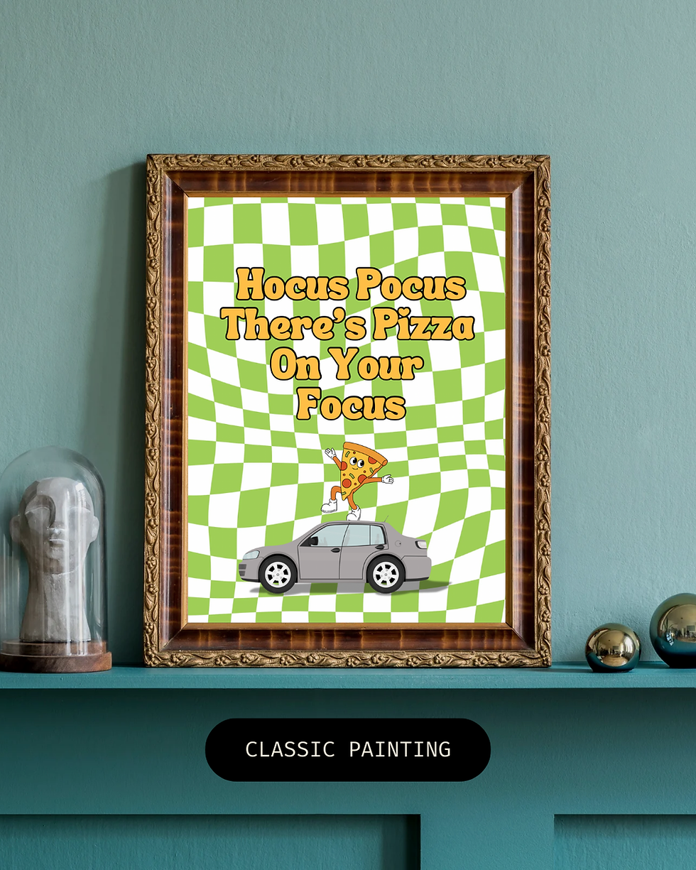 Thumbnail: Wavy green check patterned framed print with "Hocus Pocus There's Pizza On Your Focus" text