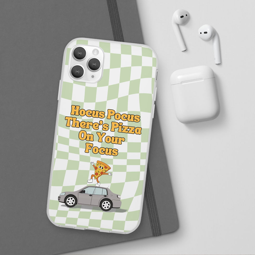 Thumbnail: Wavy green check patterned Phone case with text "Hocus Pocus There's Pizza On Your Focus"