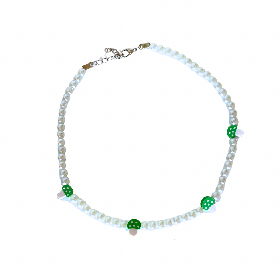 Thumbnail: pearl choker necklace with small green mushroom decorative beads and silver fastenings on a white background.