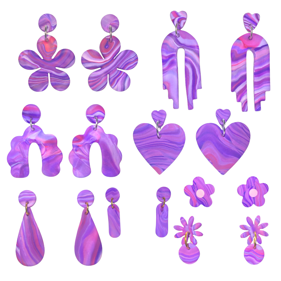 Purple clay earrings: various shapes