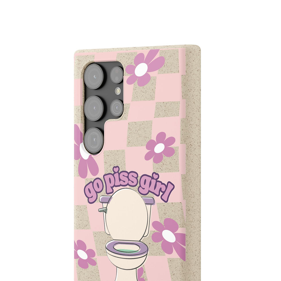 Thumbnail: Go Piss Girl phone case with pink flowers, toilet and checkered background