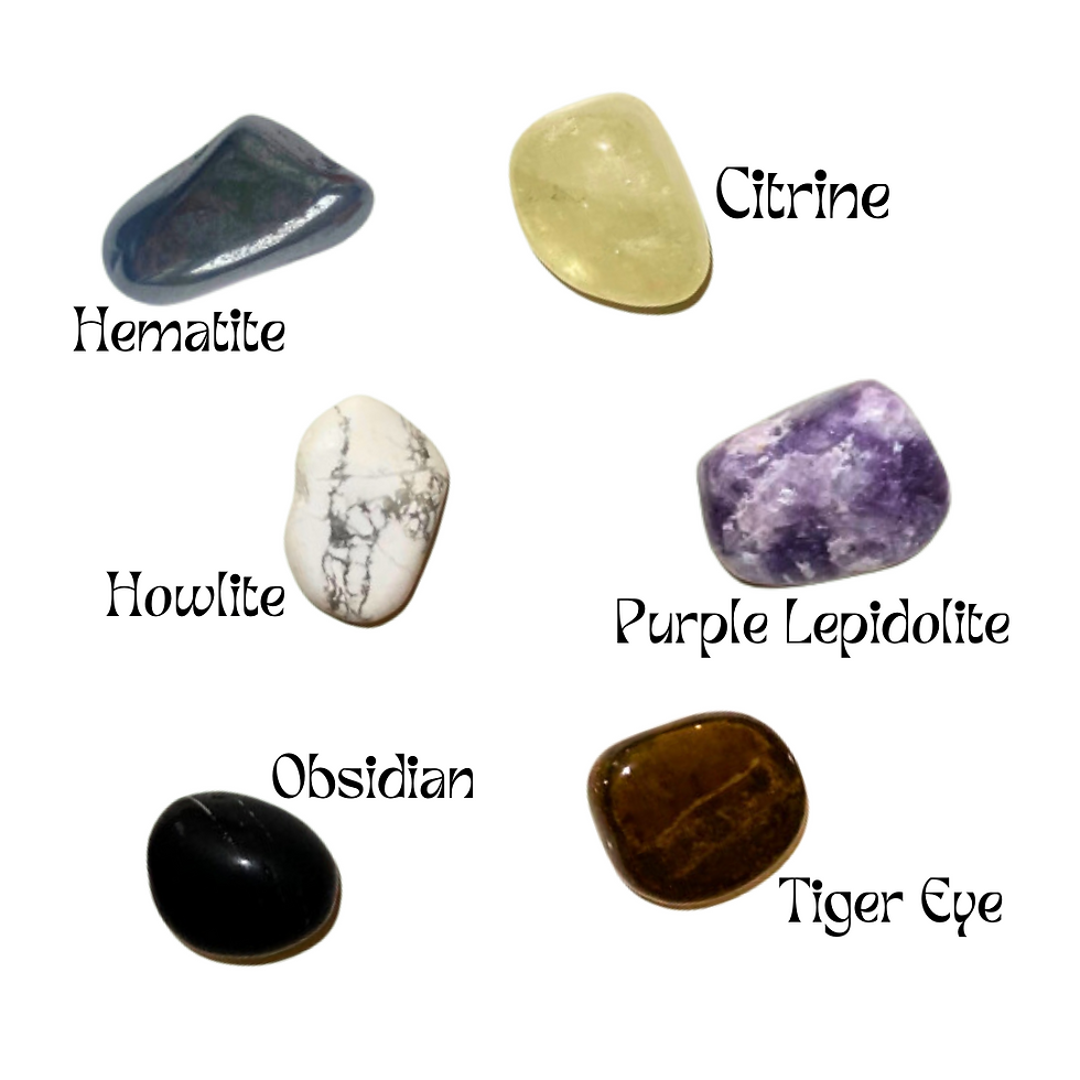 Thumbnail: 6 different smooth tumbled gem genuine crystal croc charms on a white background. (From left to right, top to bottom): 1. Hematite 2. Citrine 3. Howlite 4. Purple Lepidolite 5. Obsidian 6. Tiger Eye