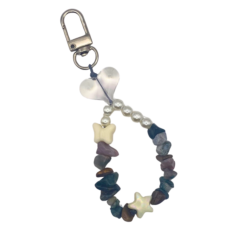 Thumbnail: indian agate chipped crystal bag chain with silver keyrying and heart