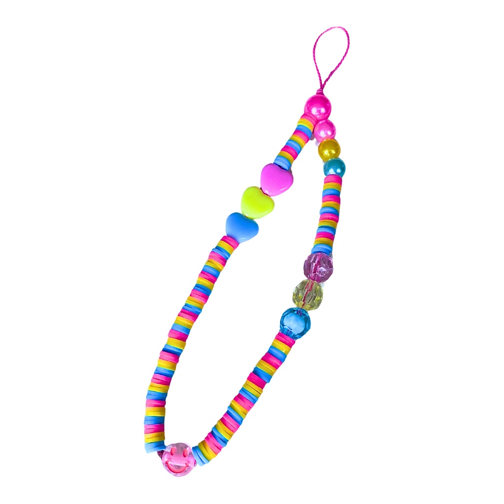 Thumbnail: Hot pink stringed pansexual pride flag themed beaded phone charm on white background. It has the main colours of the pan flag (pink, yellow and blue). It has pink, yellow and blue pearl beads and decorative love heart beads. It also has a pink smiley face bead at the bottom.