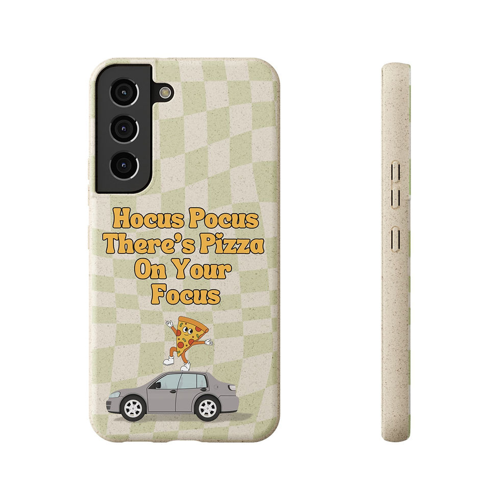Thumbnail: Wavy green check patterned biodegradable phone case with "Hocus Pocus There's Pizza On Your Focus" text
