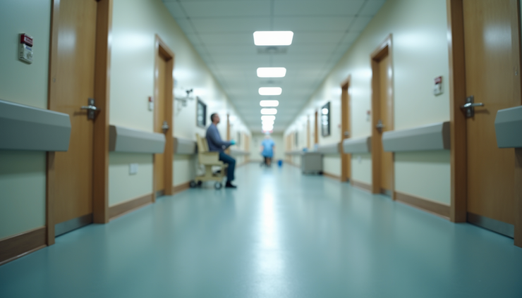 Eye-level view of a rehabilitation center hallway with patient rooms on either side