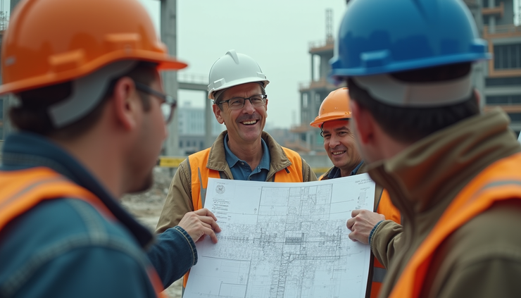 Eye-level view of a construction site with workers reviewing blueprints near unfinished structures