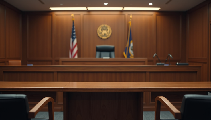 Eye-level view of a courtroom with an empty witness stand and judge's bench