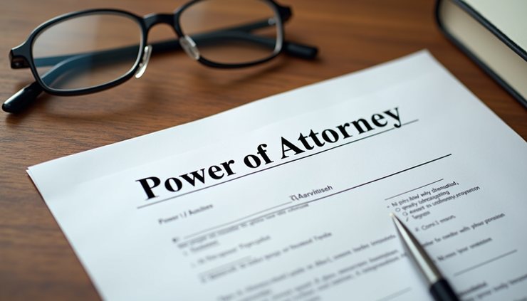 Eye-level view of a legal document titled Power of Attorney on a wooden desk