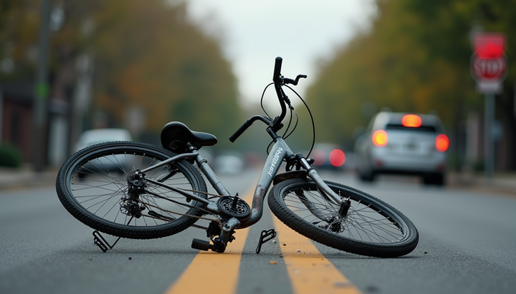 Eye-level view of a damaged bicycle lying on the street near a stop sign