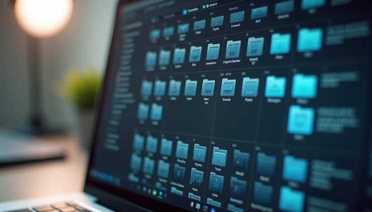 Eye-level view of a laptop screen showing a digital asset management interface