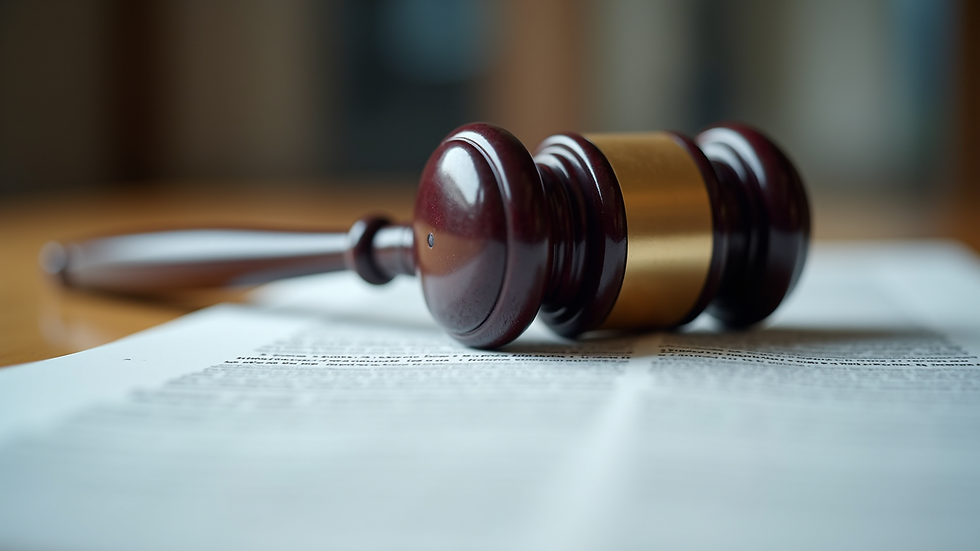 Close-up view of a gavel resting on legal documents
