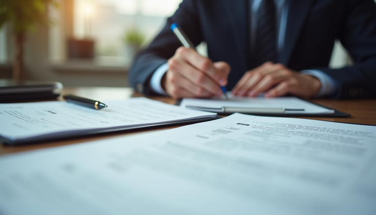 Eye-level view of a lawyer’s office desk with legal documents and a pen