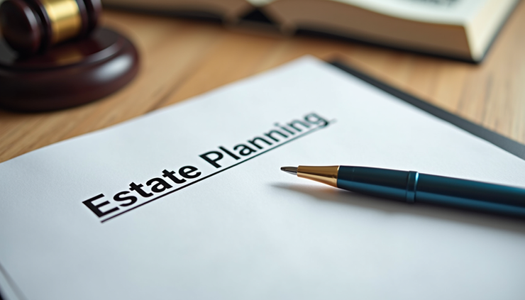 Eye-level view of a legal document with a pen on a wooden desk