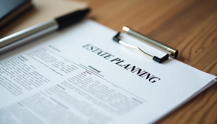 Eye-level view of a legal document and pen on a wooden table